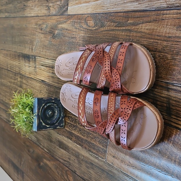 Cali‎ From Skechers Women's Tan Leather Braided Cork Wedge Heel Sandals. - Picture 8 of 12